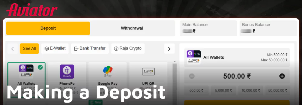 Make a deposit at Rajabets to play Aviator game